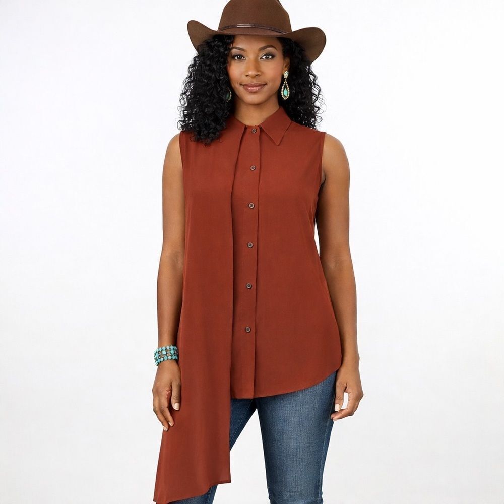 OAK Boutique Brand Silk Button Up Blouse Extended Gun Flap Blouse Oxblood Size S